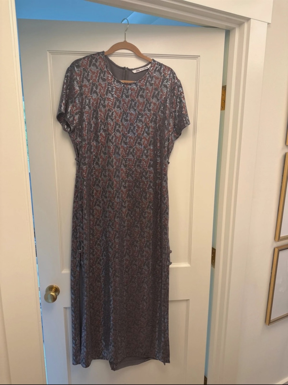 Zara Women's Metallic Patterned Maxi Dress - Gray and Orange, XL